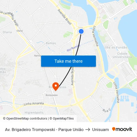 Av. Brigadeiro Trompowski - Parque União to Unisuam map