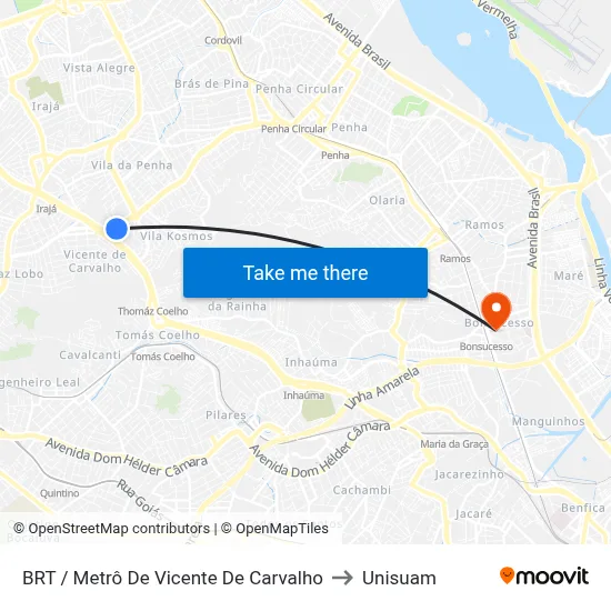 BRT / Metrô De Vicente De Carvalho to Unisuam map