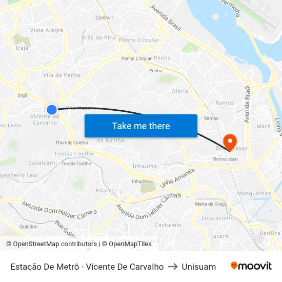 Estação De Metrô - Vicente De Carvalho to Unisuam map