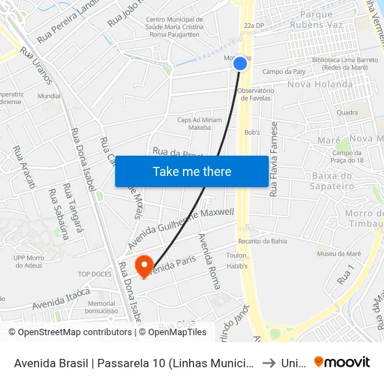 Avenida Brasil | Passarela 10 (Linhas Municipais Zona Norte / Intermunicipais) to Unisuam map