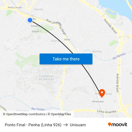 Ponto Final - Penha (Linha 926) to Unisuam map