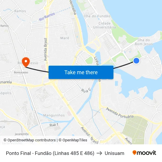 Ponto Final - Fundão (Linhas 485 E 486) to Unisuam map