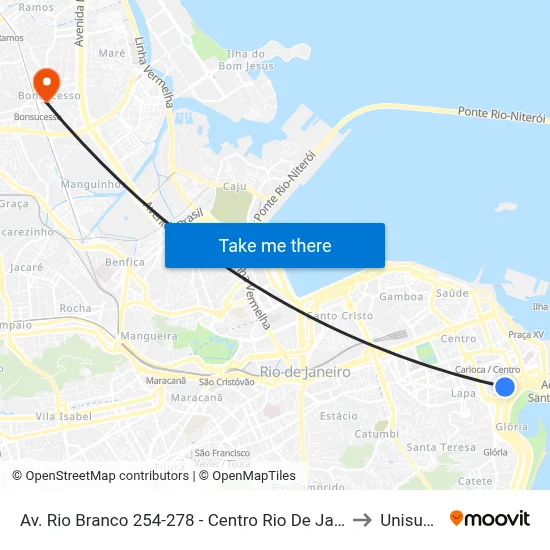 Av. Rio Branco 254-278 - Centro Rio De Janeiro to Unisuam map