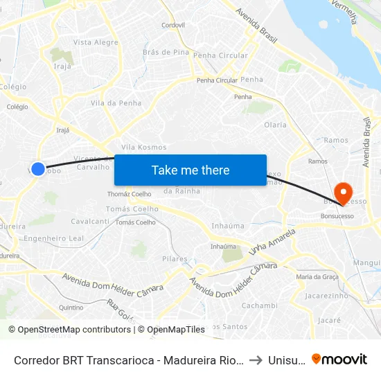 Corredor BRT Transcarioca - Madureira Rio De Janeiro to Unisuam map