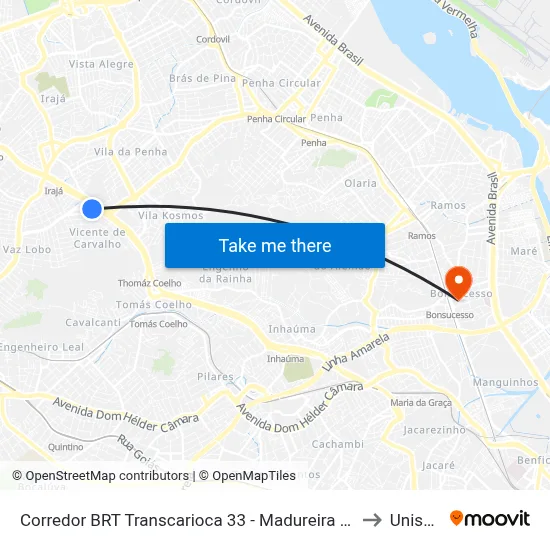 Corredor BRT Transcarioca 33 - Madureira Rio De Janeiro to Unisuam map