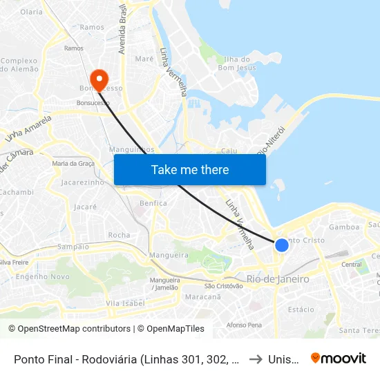 Ponto Final - Rodoviária (Linhas 301, 302, 606 E Sv606) to Unisuam map