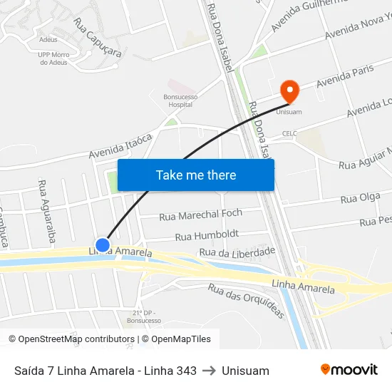 Saída 7 Linha Amarela - Linha 343 to Unisuam map