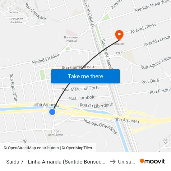 Saída 7 - Linha Amarela (Sentido Bonsucesso) to Unisuam map