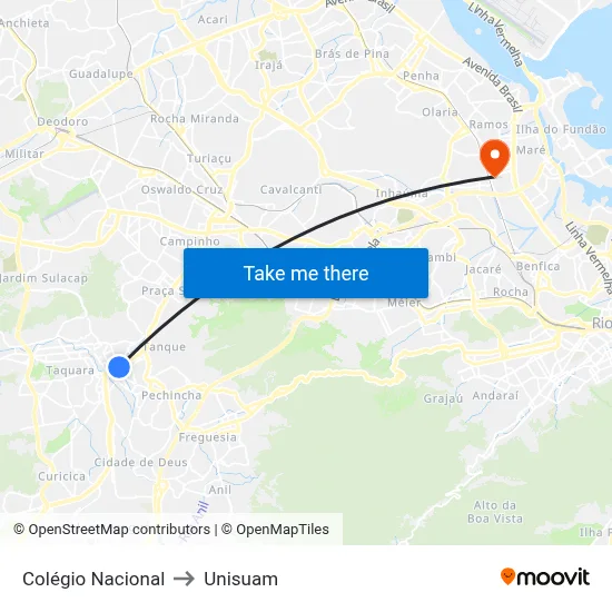 Colégio Nacional to Unisuam map