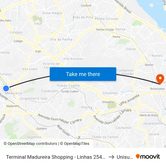Terminal Madureira Shopping - Linhas 254, 766 E 777 to Unisuam map