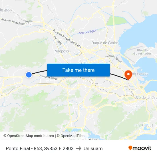 Ponto Final - 853, Sv853 E 2803 to Unisuam map