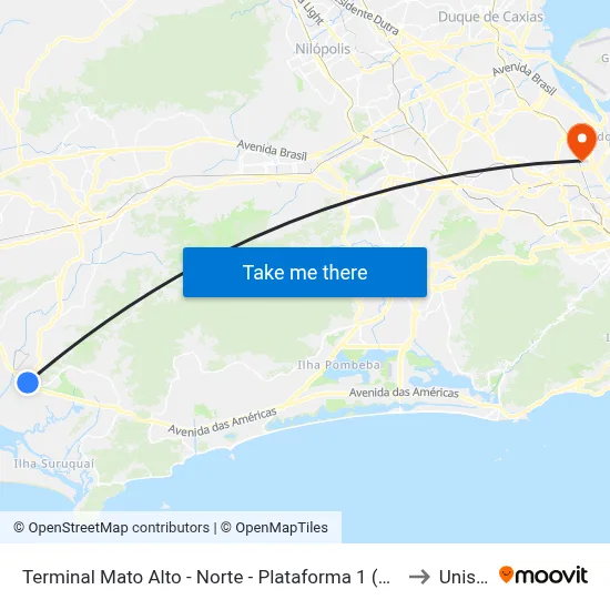 Terminal Mato Alto - Norte - Plataforma 1 (Linhas 853, 872 E 883) to Unisuam map