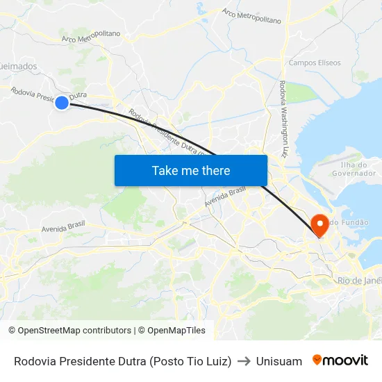 Rodovia Presidente Dutra (Posto Tio Luiz) to Unisuam map