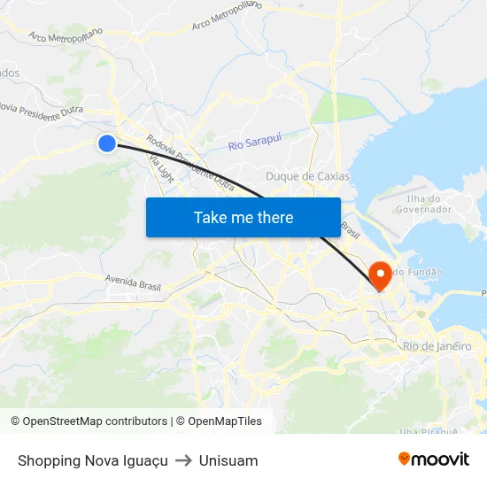 Shopping Nova Iguaçu to Unisuam map