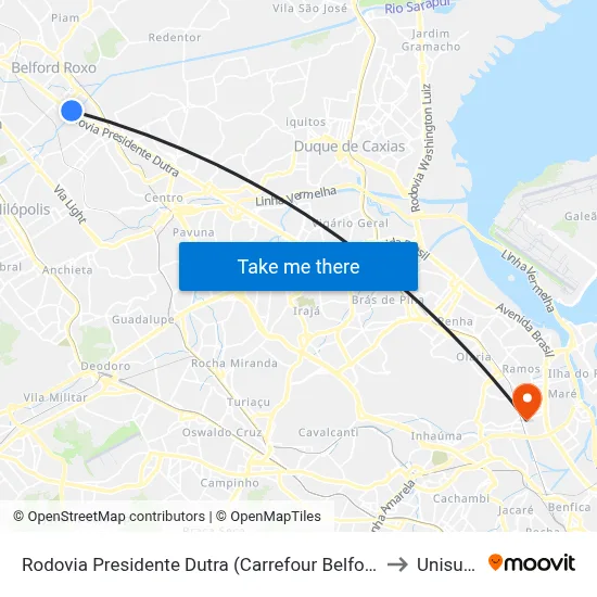 Rodovia Presidente Dutra (Carrefour Belford Roxo) to Unisuam map