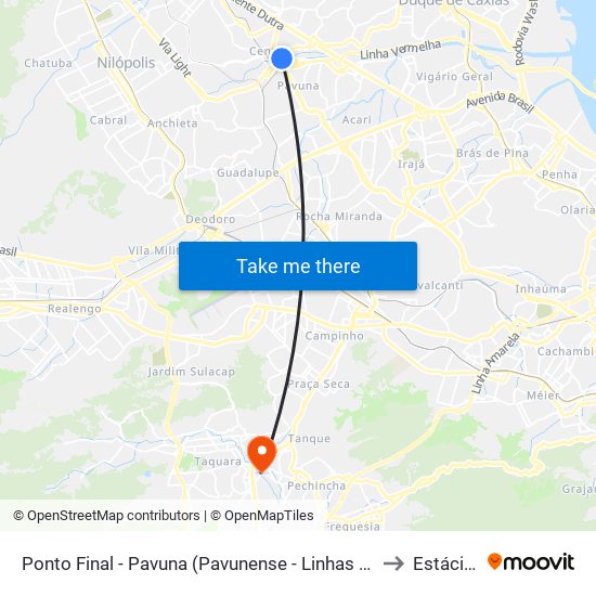 Ponto Final - Pavuna (Pavunense - Linhas 615, 687 E 688) to Estácio R9 map