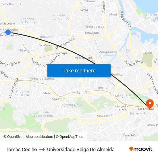 Tomás Coelho to Universidade Veiga De Almeida map