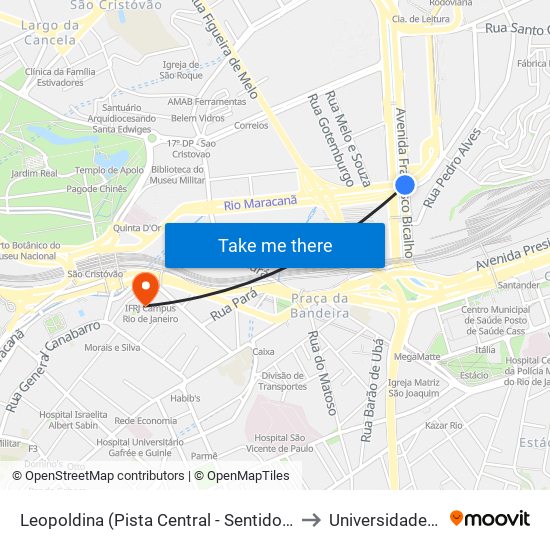 Leopoldina (Pista Central - Sentido Ponte / Term. Gentileza / São Cristóvão) to Universidade Veiga De Almeida map