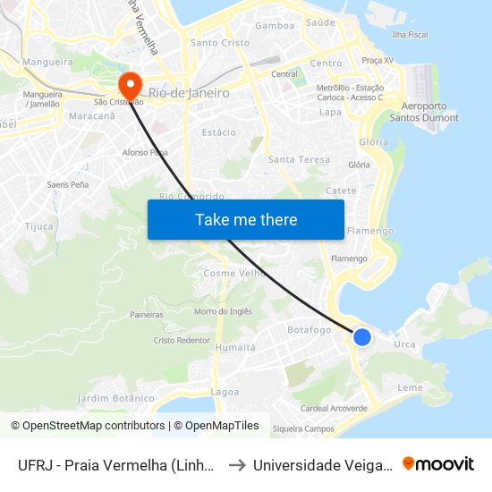 UFRJ - Praia Vermelha (Linhas Via Botafogo) to Universidade Veiga De Almeida map