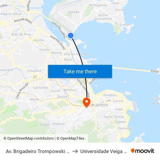 Av. Brigadeiro Trompowski - Saída Da Ilha to Universidade Veiga De Almeida map