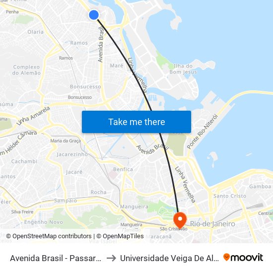 Avenida Brasil - Passarela 12 to Universidade Veiga De Almeida map