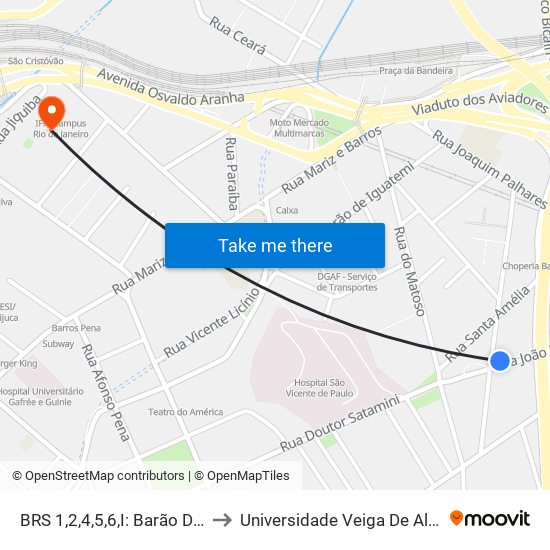 BRS 1,2,4,5,6,I: Barão De Ubá to Universidade Veiga De Almeida map