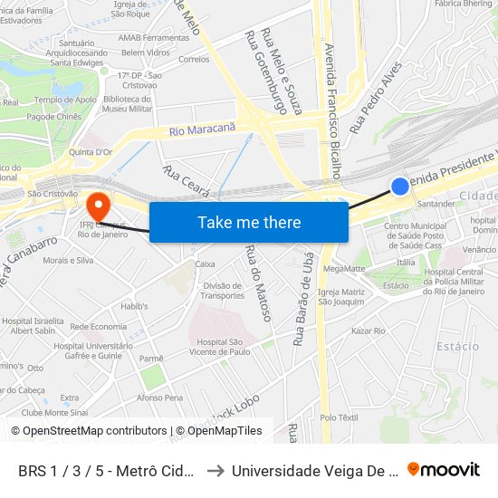 BRS 1 / 3 / 5 - Metrô Cidade Nova to Universidade Veiga De Almeida map