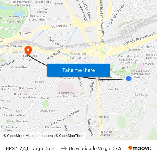 BRS 1,2,4,I: Largo Do Estácio to Universidade Veiga De Almeida map