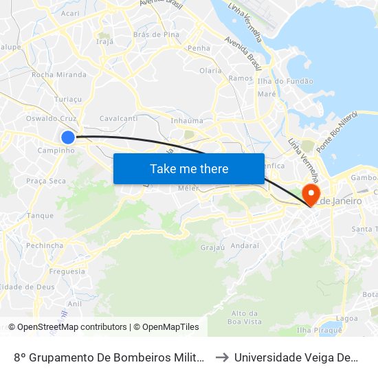 8º Grupamento De Bombeiros Militar - Campinho to Universidade Veiga De Almeida map