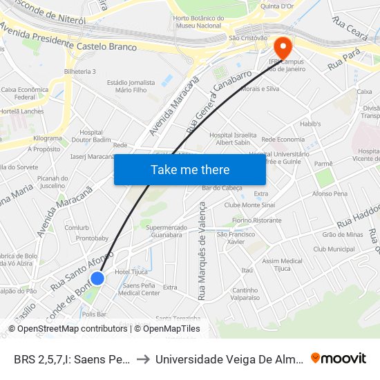 BRS 2,5,7,I: Saens Peña I to Universidade Veiga De Almeida map