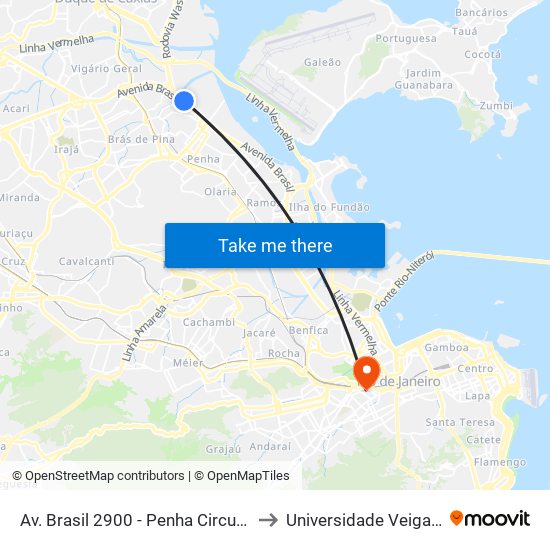 Av. Brasil 2900 - Penha Circular Rio De Janeiro to Universidade Veiga De Almeida map