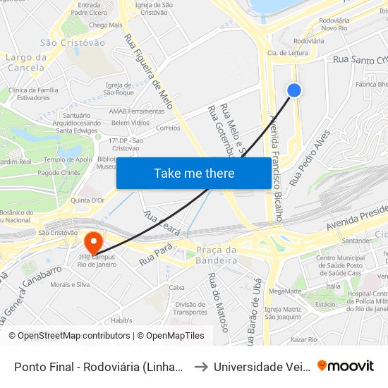 Ponto Final - Rodoviária (Linhas 301, 302, 606 E Sv606) to Universidade Veiga De Almeida map