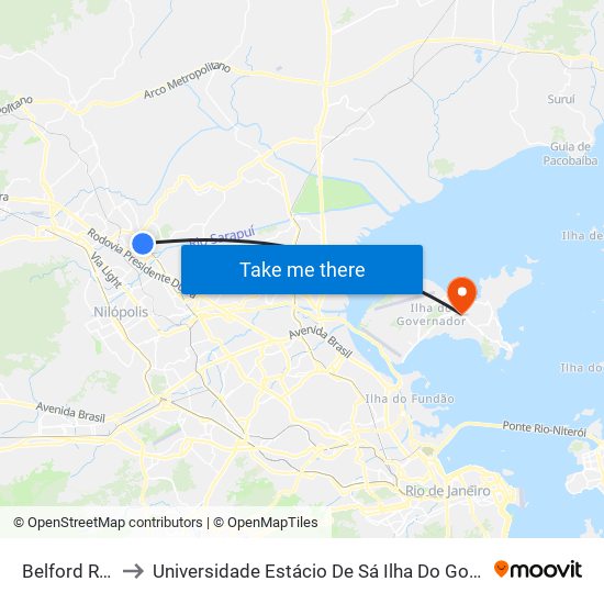 Belford Roxo to Universidade Estácio De Sá Ilha Do Governador map