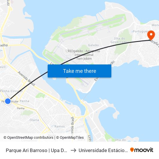 Parque Ari Barroso | Upa Da Penha | Hospital Getúlio Vargas to Universidade Estácio De Sá Ilha Do Governador map