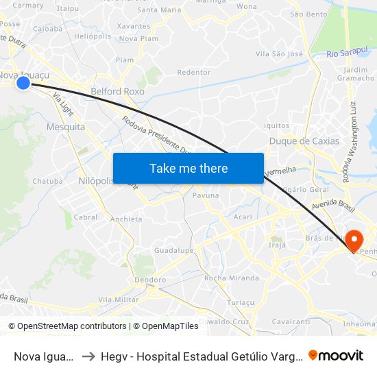 Nova Iguaçu to Hegv - Hospital Estadual Getúlio Vargas map