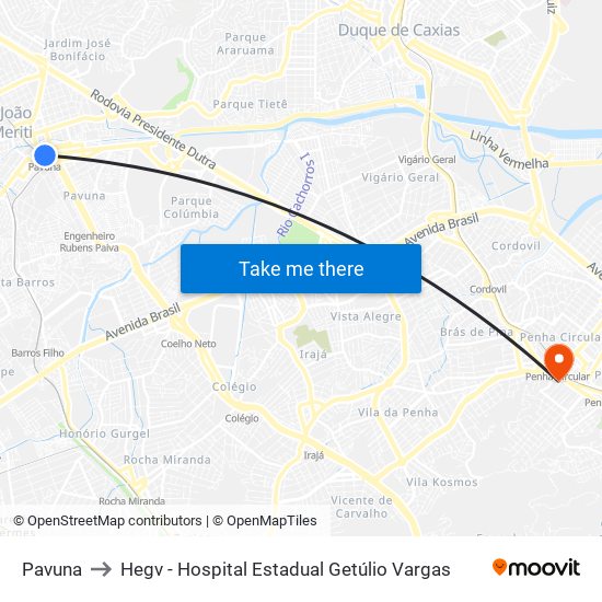 Pavuna to Hegv - Hospital Estadual Getúlio Vargas map