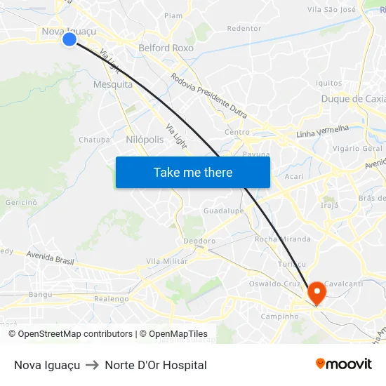 Nova Iguaçu to Norte D'Or Hospital map