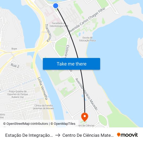 Estação De Integração UFRJ - Plataforma A to Centro De Ciências Matemáticas E Da Natureza map