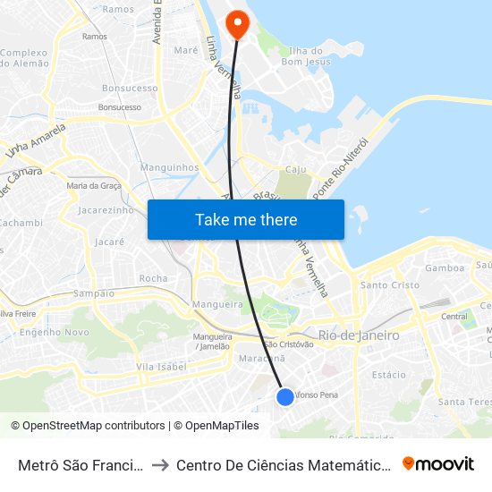 Metrô São Francisco Xavier to Centro De Ciências Matemáticas E Da Natureza map