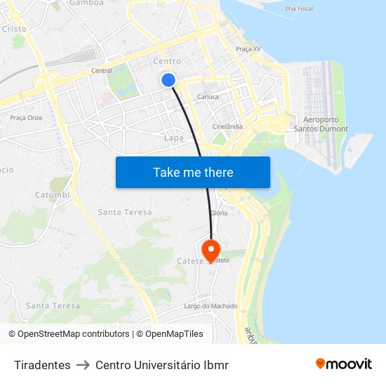 Tiradentes to Centro Universitário Ibmr map