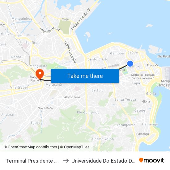 Terminal Presidente Vargas (Linhas Intermunicipais) to Universidade Do Estado Do Rio De Janeiro - Campus Maracanã map