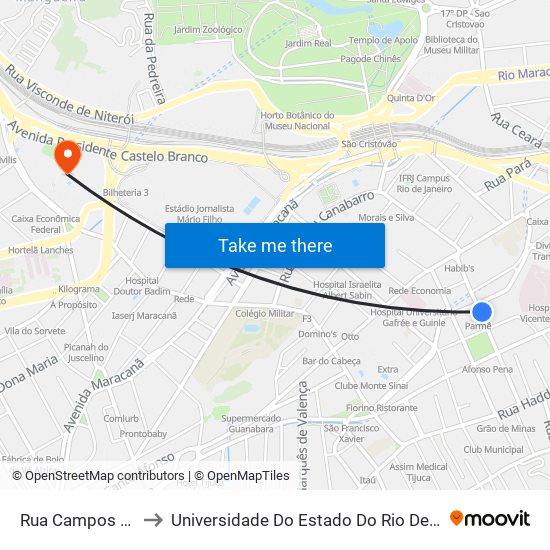 Rua Campos Sales | Parmê to Universidade Do Estado Do Rio De Janeiro - Campus Maracanã map