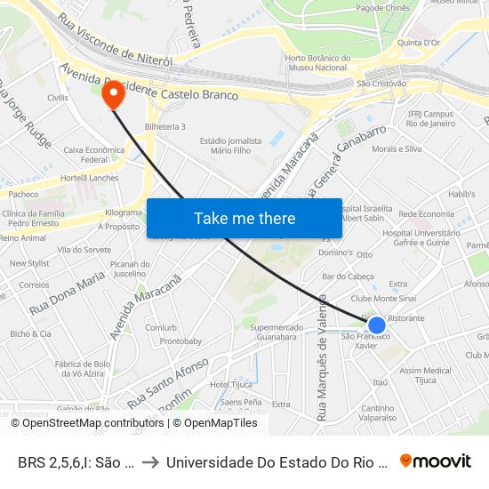 BRS 2,5,6,I: São Francisco Xavier to Universidade Do Estado Do Rio De Janeiro - Campus Maracanã map