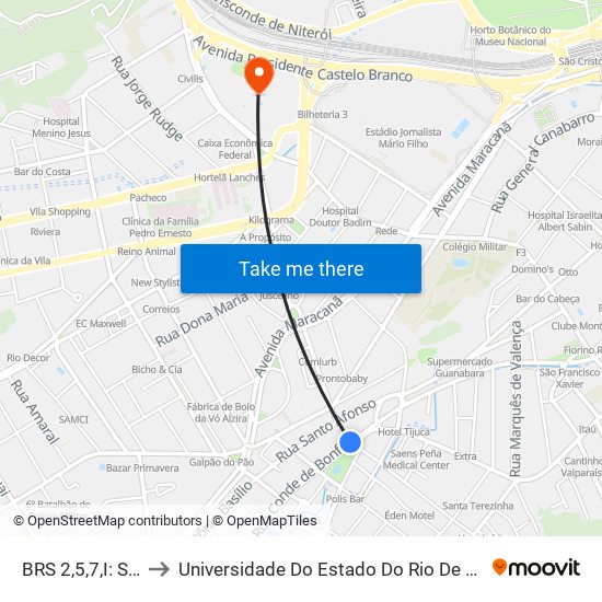 BRS 2,5,7,I: Saens Peña I to Universidade Do Estado Do Rio De Janeiro - Campus Maracanã map