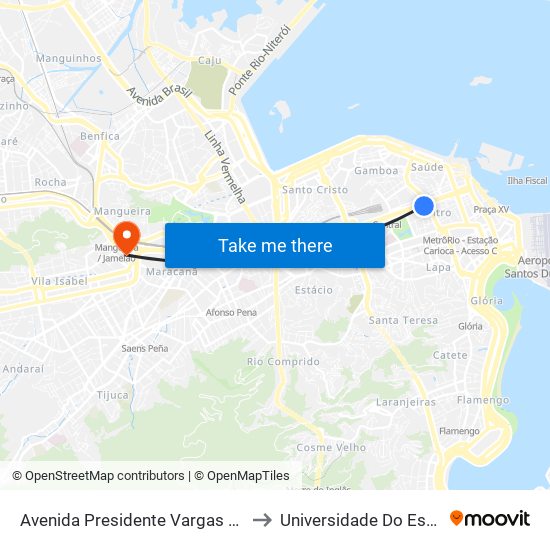 Avenida Presidente Vargas / Avenida Passos (Pista Lateral - Desativado Aos Sábados) to Universidade Do Estado Do Rio De Janeiro - Campus Maracanã map