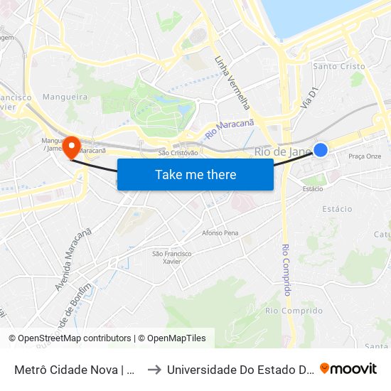 Metrô Cidade Nova | Pista Central - Sentido Candelária to Universidade Do Estado Do Rio De Janeiro - Campus Maracanã map