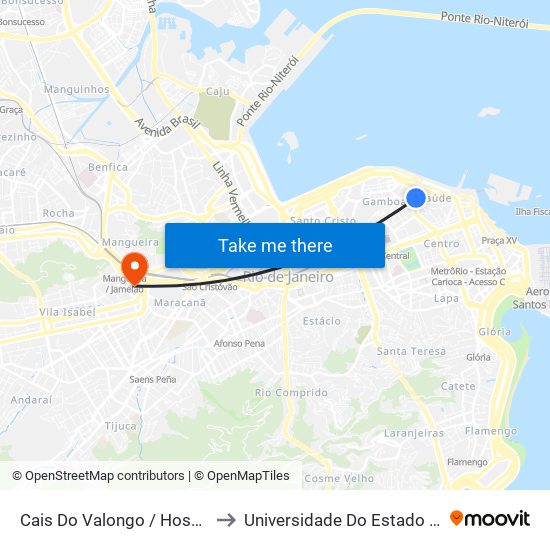 Cais Do Valongo / Hospital Dos Servidores - Entrada Lateral to Universidade Do Estado Do Rio De Janeiro - Campus Maracanã map