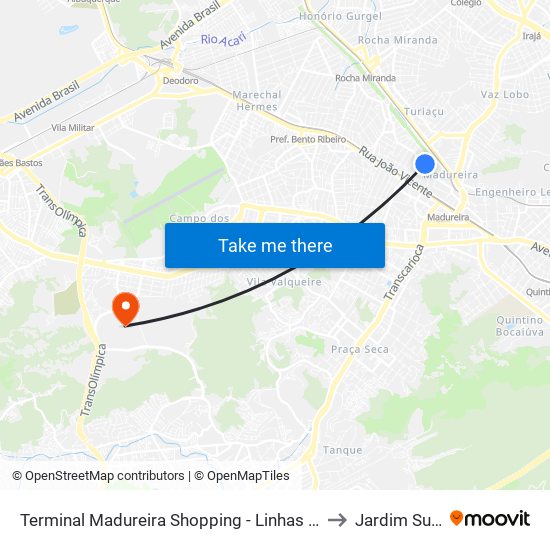 Terminal Madureira Shopping - Linhas 355, 774 E 940 to Jardim Sulacap map