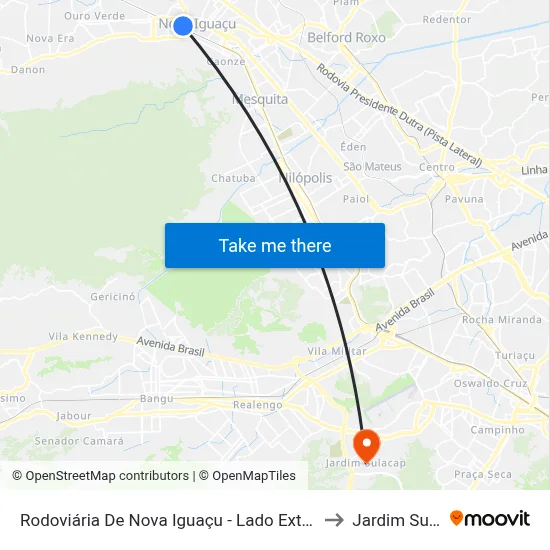Rodoviária De Nova Iguaçu - Lado Externo 1 (Evanil) to Jardim Sulacap map