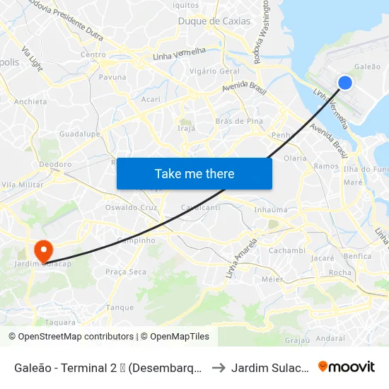 Galeão - Terminal 2 ✈ (Desembarque) to Jardim Sulacap map